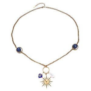 Gold Sun Pendant Necklace with Blue Accents
